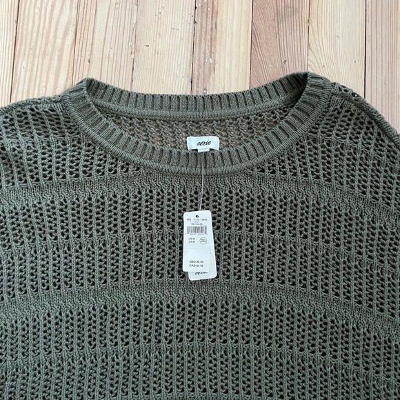 Aerie Crochet Oversized Open Knit Sweater Green Short Sleeve Crew Women's Medium - Picture 2 of 7
